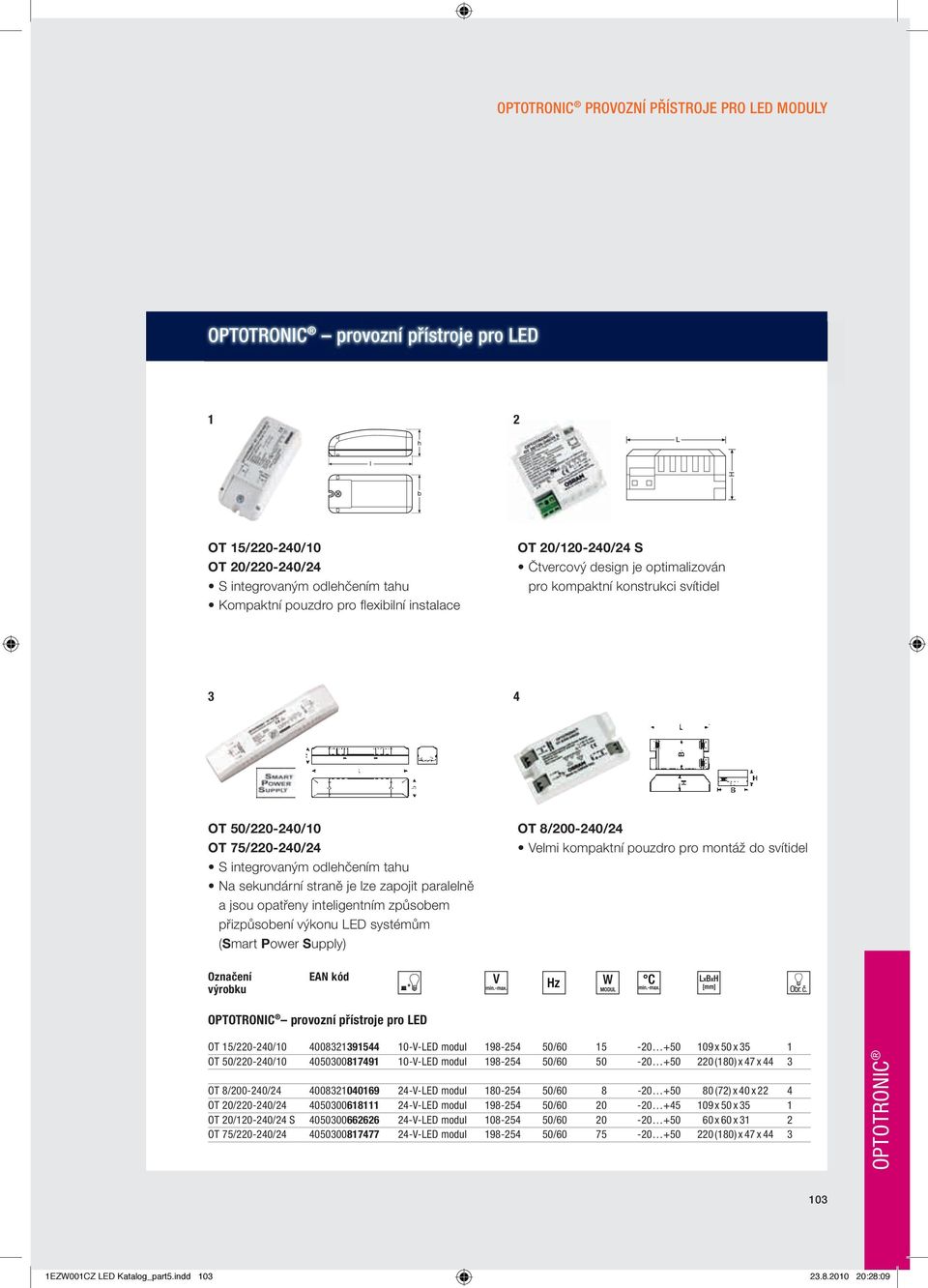 a jsou opatřeny inteligentním způsobem přizpůsobení výkonu LED systémům (Smart Power Supply) OT 8/200-240/24 Velmi kompaktní pouzdro pro montáž do svítidel Označení výrobku EAN kód OPTOTRONIC