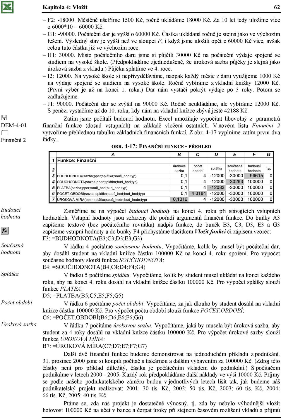 Výsledný stav je vyšší než ve sloupci F, i když jsme uložili opět o 60000 Kč více, avšak celou tuto částku již ve výchozím roce. H1: 30000.