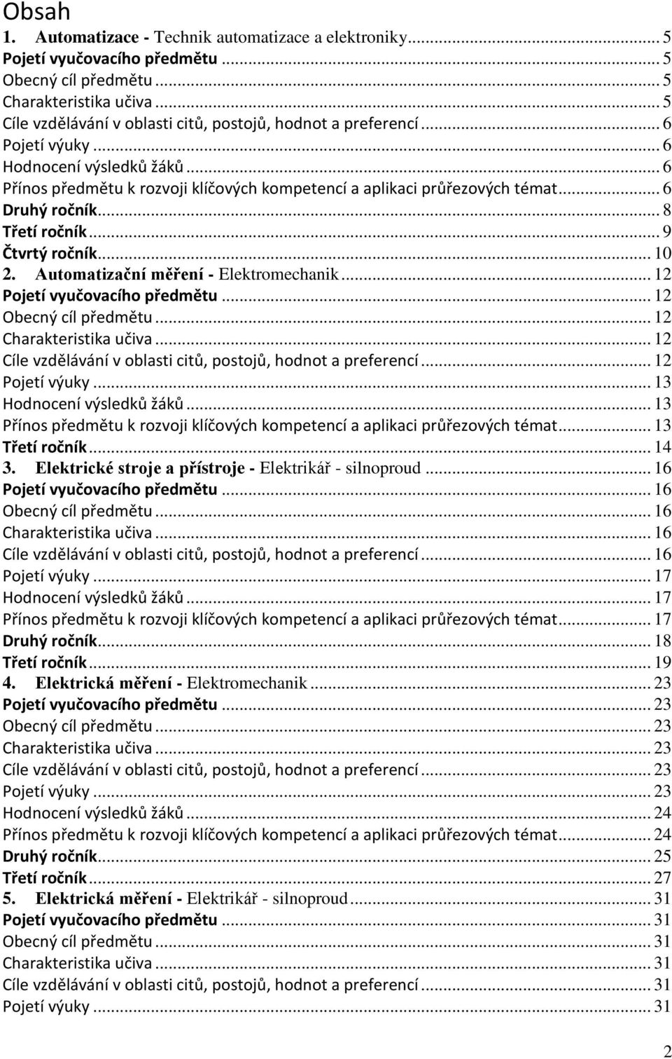 .. 6 Druhý ročník... 8 Třetí ročník... 9 Čtvrtý ročník... 10 2. Automatizační měření - Elektromechanik... 12 Pojetí vyučovacího předmětu... 12 Obecný cíl předmětu... 12 Charakteristika učiva.