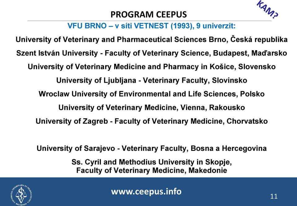 University of Environmental and Life Sciences, Polsko University of Veterinary Medicine, Vienna, Rakousko University of Zagreb - Faculty of Veterinary Medicine, Chorvatsko