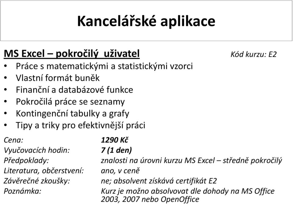 a grafy Kód kurzu: E2 1290 Kč 7 (1 den) znalosti na úrovni kurzu MS Excel středně pokročilý ne;