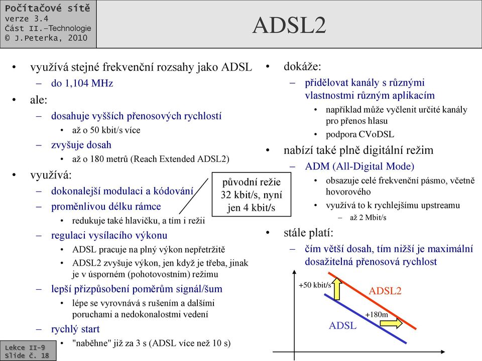 redukuje také hlavičku, a tím i režii regulaci vysílacího výkonu ADSL pracuje na plný výkon nepřetržitě ADSL2 zvyšuje výkon, jen když je třeba, jinak je v úsporném (pohotovostním) režimu lepší