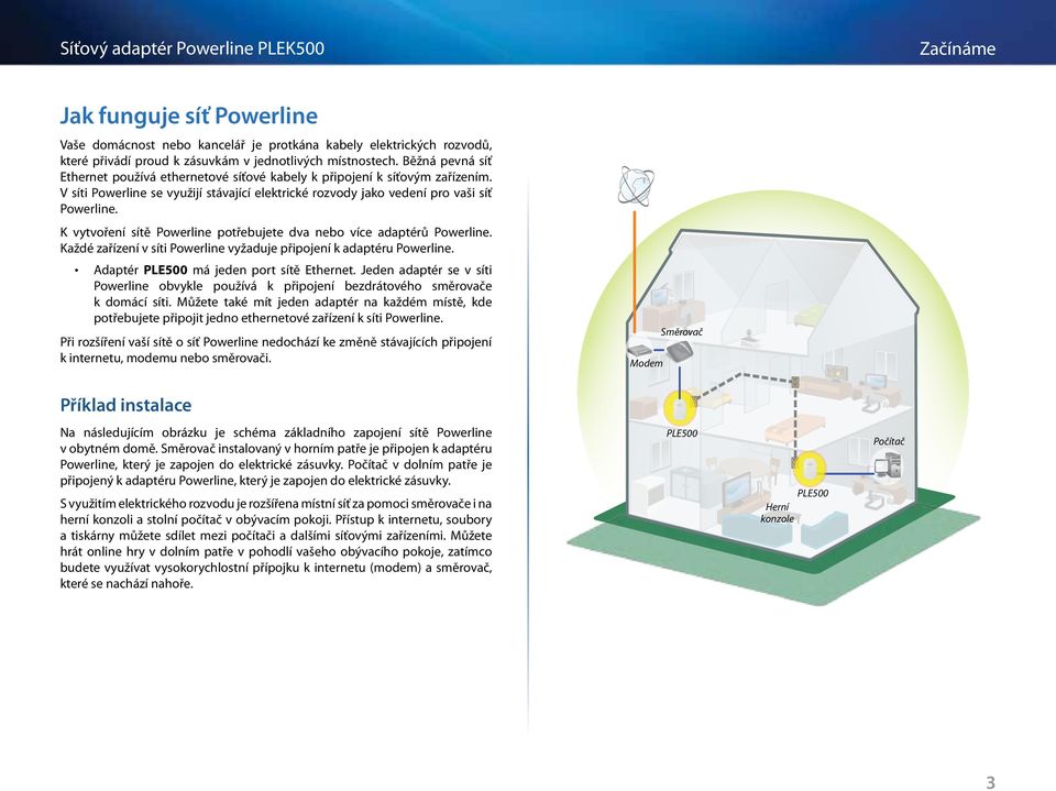 K vytvoření sítě Powerline potřebujete dva nebo více adaptérů Powerline. Každé zařízení v síti Powerline vyžaduje připojení k adaptéru Powerline. Adaptér PLE500 má jeden port sítě Ethernet.