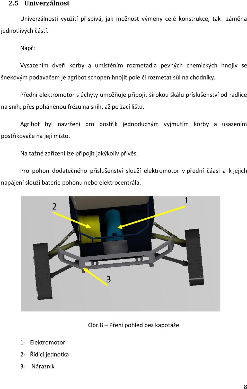 Přední elektromotor s úchyty umožňuje připojit širokou škálu příslušenství od radlice na sníh, přes poháněnou frézu na sníh, až po žací lištu.