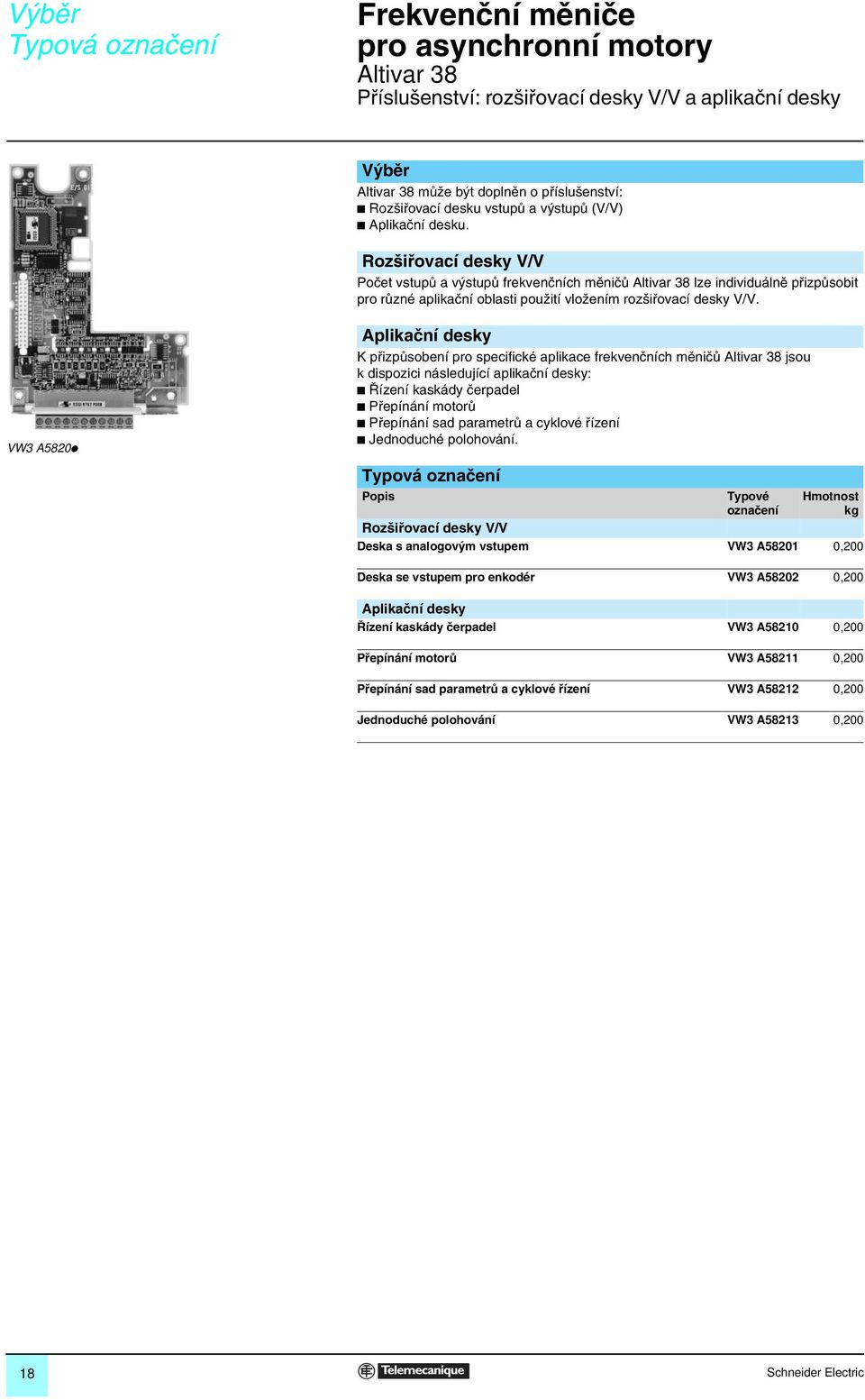 VW3 A5820i Aplikační desky K přizpůsobení pro specifické aplikace frekvenčních měničů jsou k dispozici následující aplikační desky: Řízení kaskády čerpadel Přepínání moorů Přepínání sad paramerů a