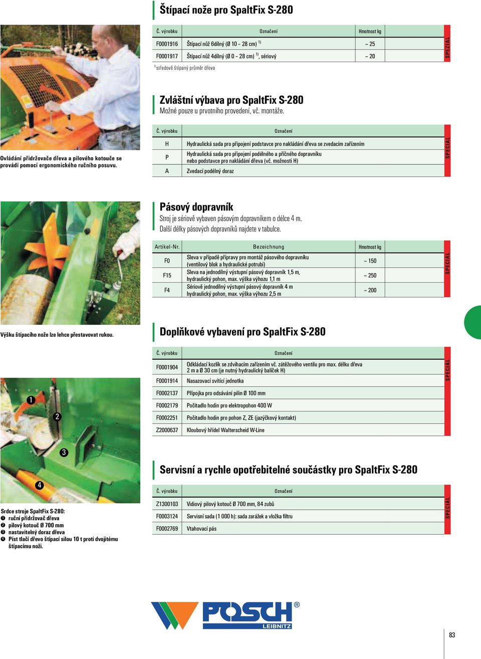 SpaltFix S-280 Možné pouze u prvotního provedení, vč. montáže. Č. výrobku Označení Ovládání přidržovače dřeva a pilového kotouče se provádí pomocí ergonomického ručního posuvu.