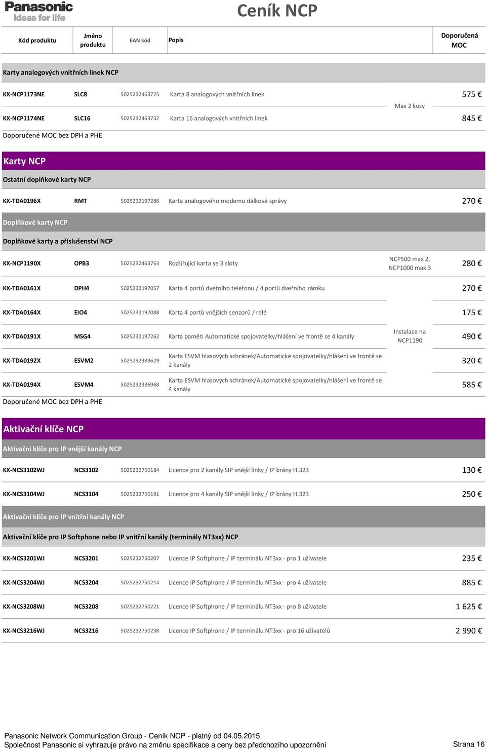 5025232463763 Rozšiřující karta se 3 sloty NCP500 max 2, NCP1000 max 3 280 KX-TDA0161X DPH4 5025232197057 Karta 4 portů dveřního telefonu / 4 portů dveřního zámku 270 KX-TDA0164X EIO4 5025232197088