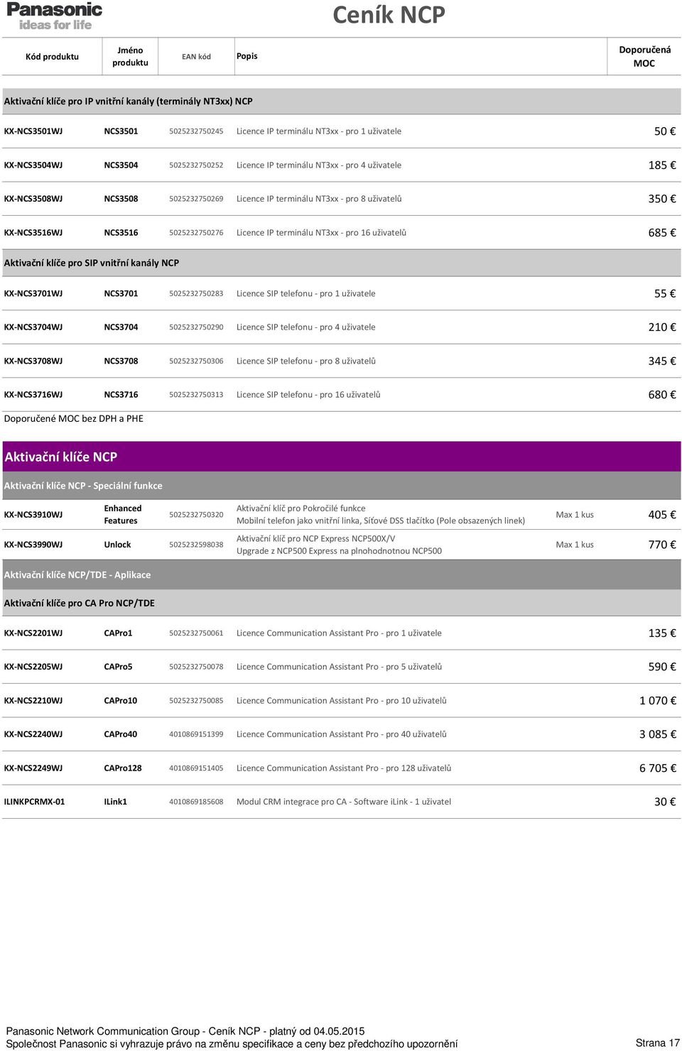 uživatelů 685 Aktivační klíče pro SIP vnitřní kanály NCP KX-NCS3701WJ NCS3701 5025232750283 Licence SIP telefonu - pro 1 uživatele 55 KX-NCS3704WJ NCS3704 5025232750290 Licence SIP telefonu - pro 4