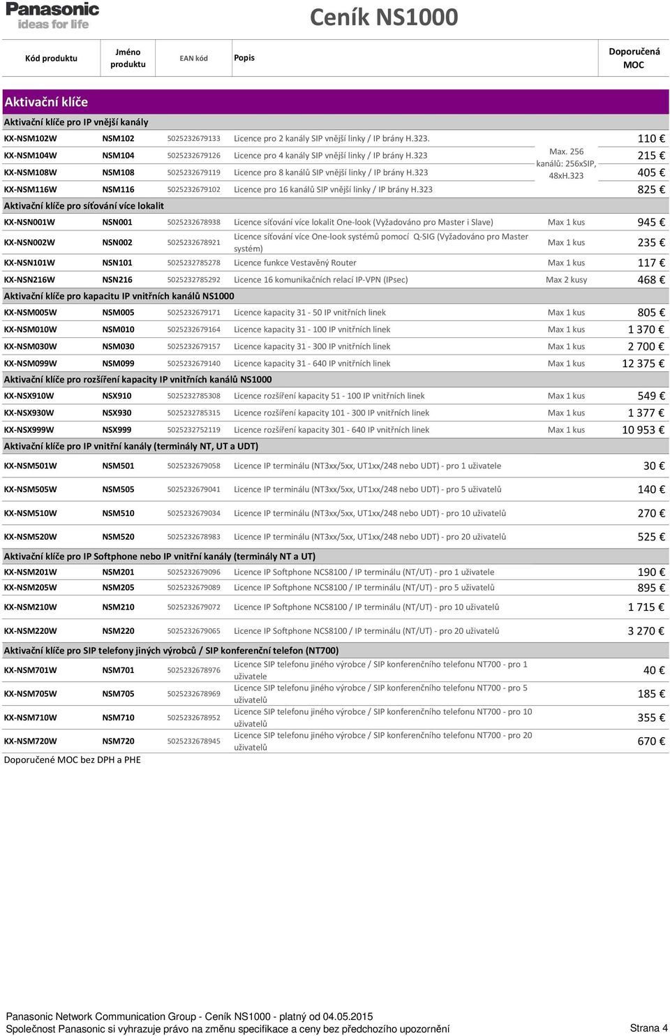 256 215 kanálů: 256xSIP, KX-NSM108W NSM108 5025232679119 Licence pro 8 kanálů SIP vnější linky / IP brány H.323 48xH.