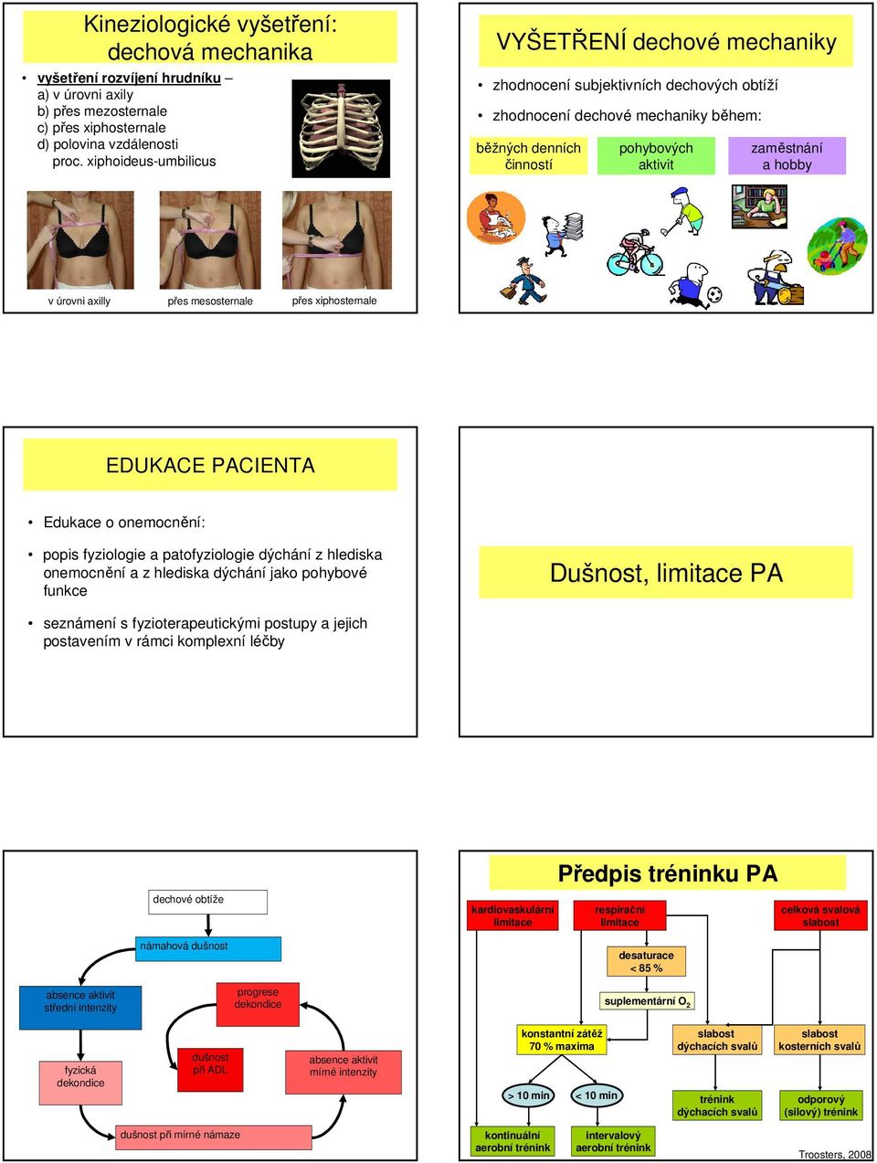 axilly přes mesosternale přes xiphosternale EDUKACE PACIENTA Edukace o onemocnění: popis fyziologie a patofyziologie dýchání z hlediska onemocnění a z hlediska dýchání jako pohybové funkce Dušnost,