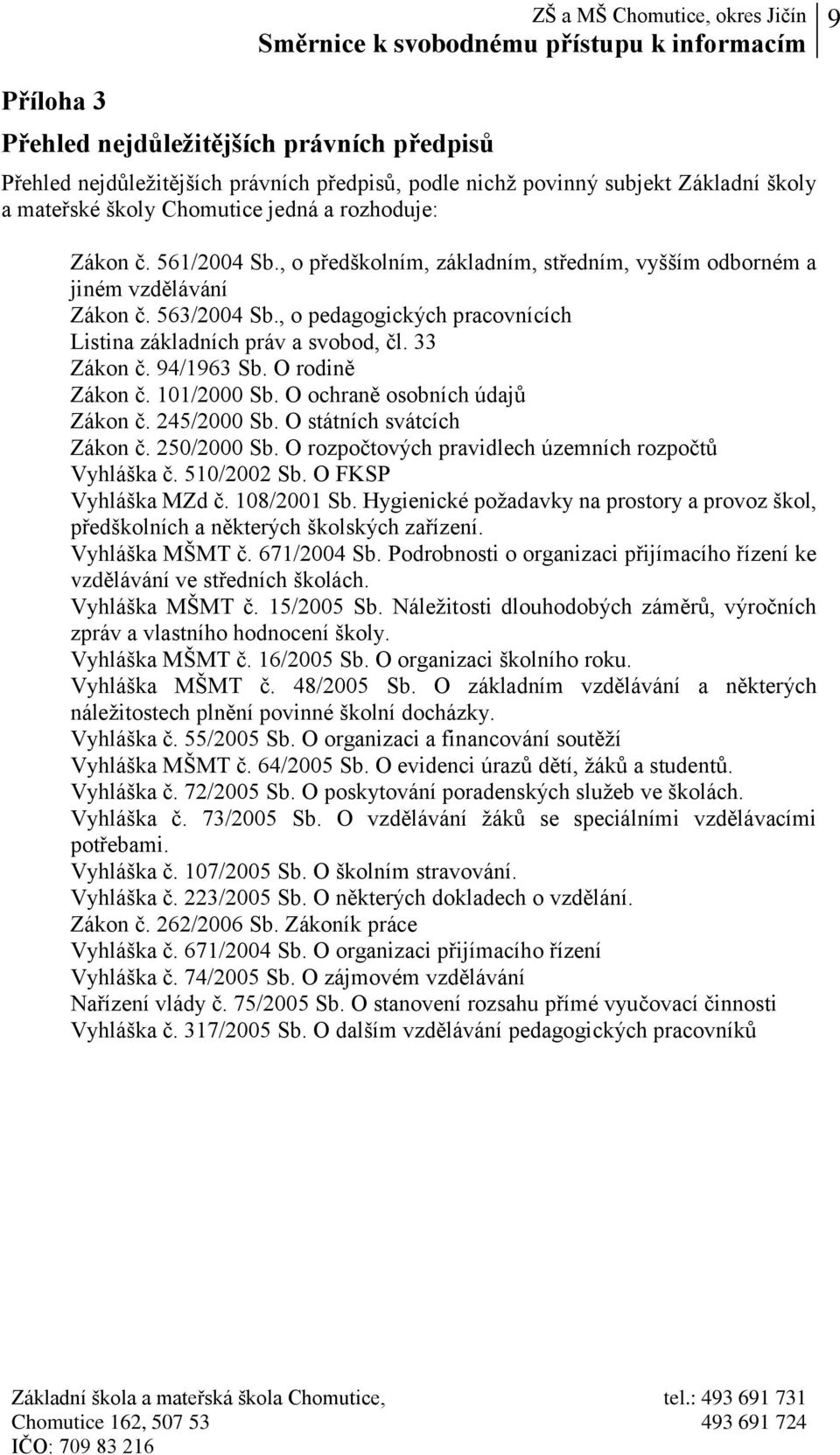 O rodině Zákon č. 101/2000 Sb. O ochraně osobních údajů Zákon č. 245/2000 Sb. O státních svátcích Zákon č. 250/2000 Sb. O rozpočtových pravidlech územních rozpočtů Vyhláška č. 510/2002 Sb.