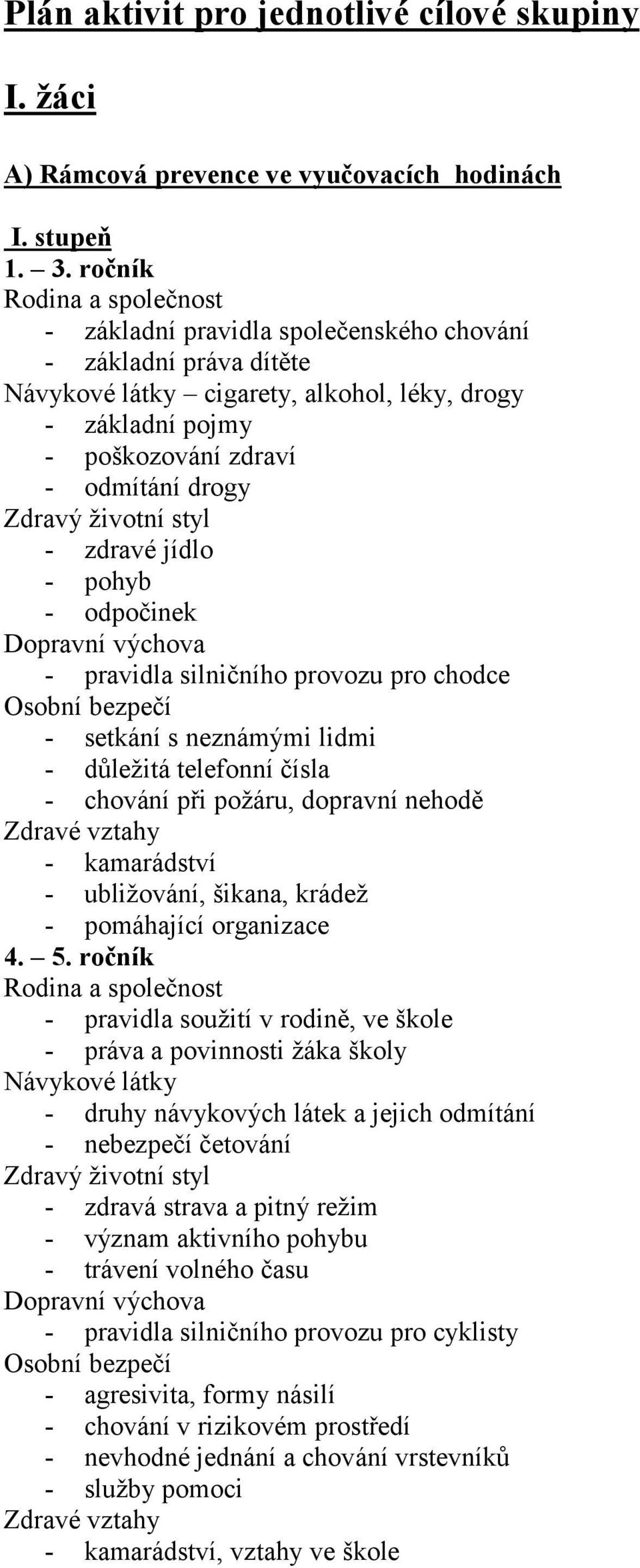 zdravé jídl - phyb - dpčinek Dpravní výchva - pravidla silničníh prvzu pr chdce Osbní bezpečí - setkání s neznámými lidmi - důležitá telefnní čísla - chvání při pžáru, dpravní nehdě Zdravé vztahy -