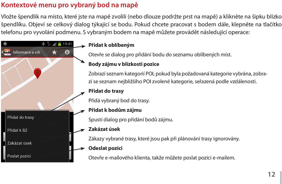 S vybraným bodem na mapě můžete provádět následující operace: Přidat k oblíbeným Otevře se dialog pro přidání bodu do seznamu oblíbených míst.