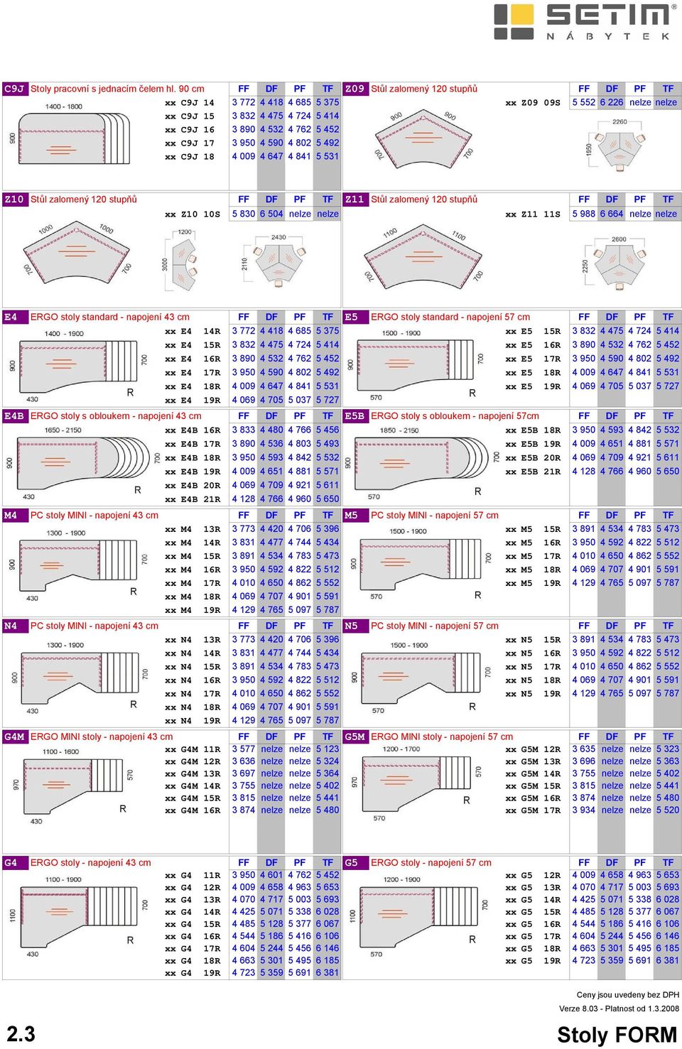 C9J 17 3 950 4 590 4 802 5 492 xx C9J 18 4 009 4 647 4 841 5 531 Z10 Stůl zalomený 120 stupňů FF DF PF TF Z11 Stůl zalomený 120 stupňů FF DF PF TF xx Z10 10S 5 830 6 504 nelze nelze xx Z11 11S 5 988