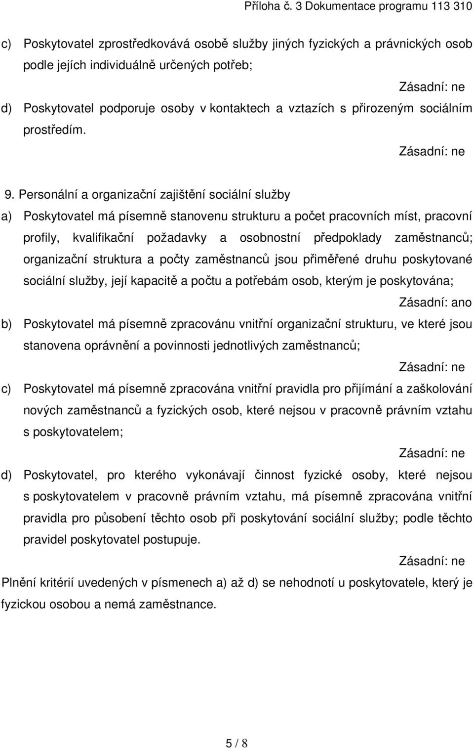 Personální a organizační zajištění sociální služby a) Poskytovatel má písemně stanovenu strukturu a počet pracovních míst, pracovní profily, kvalifikační požadavky a osobnostní předpoklady