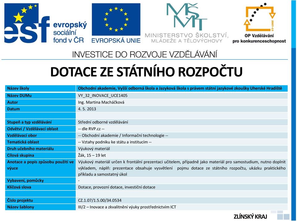 cz -- Vzdělávací obor -- Obchodní akademie / Informační technologie -- Tematická oblast -- Vztahy podniku ke státu a institucím -- Druh učebního materiálu Výukový materiál Cílová skupina Žák, 15 19