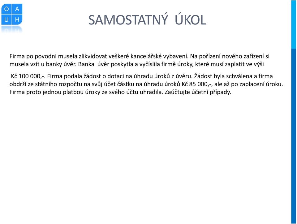 Banka úvěr poskytla a vyčíslila firmě úroky, které musí zaplatit ve výši Kč 100 000,-.
