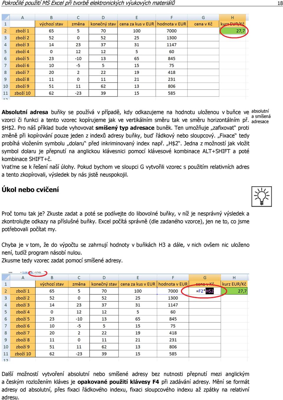 Ten umožňuje zafixovat proti změně při kopírování pouze jeden z indexů adresy buňky, buď řádkový nebo sloupcový. Fixace tedy probíhá vložením symbolu dolaru před inkriminovaný index např. H$2.