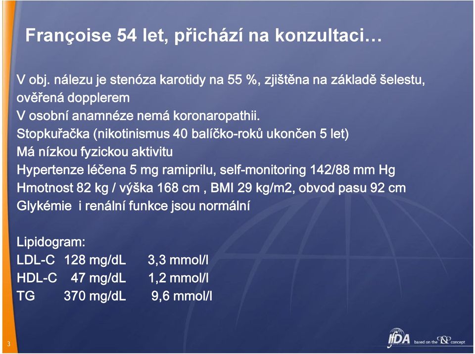 Stopkuřačka (nikotinismus 40 balíčko-roků ukončen 5 let) Má nízkou fyzickou aktivitu Hypertenze léčena 5 mg ramiprilu,