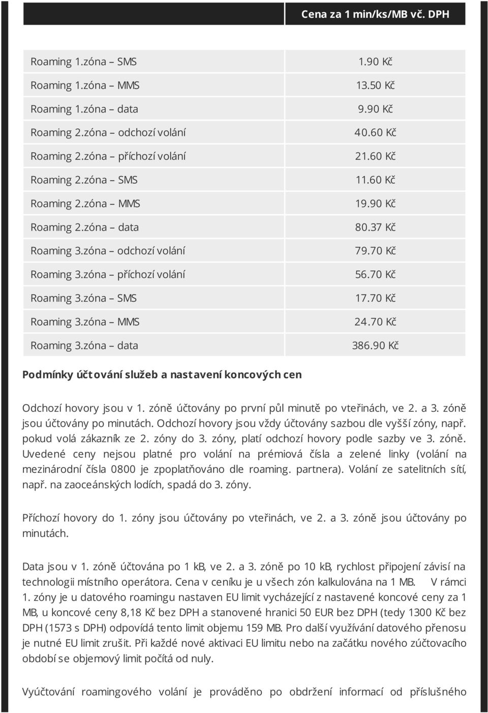 37 Kč 79.70 Kč 56.70 Kč 17.70 Kč 24.70 Kč 386.90 Kč Podmínky účt ování služeb a nast avení koncových cen Odchozí hovory jsou v 1. zóně účtovány po první půl minutě po vteřinách, ve 2. a 3.