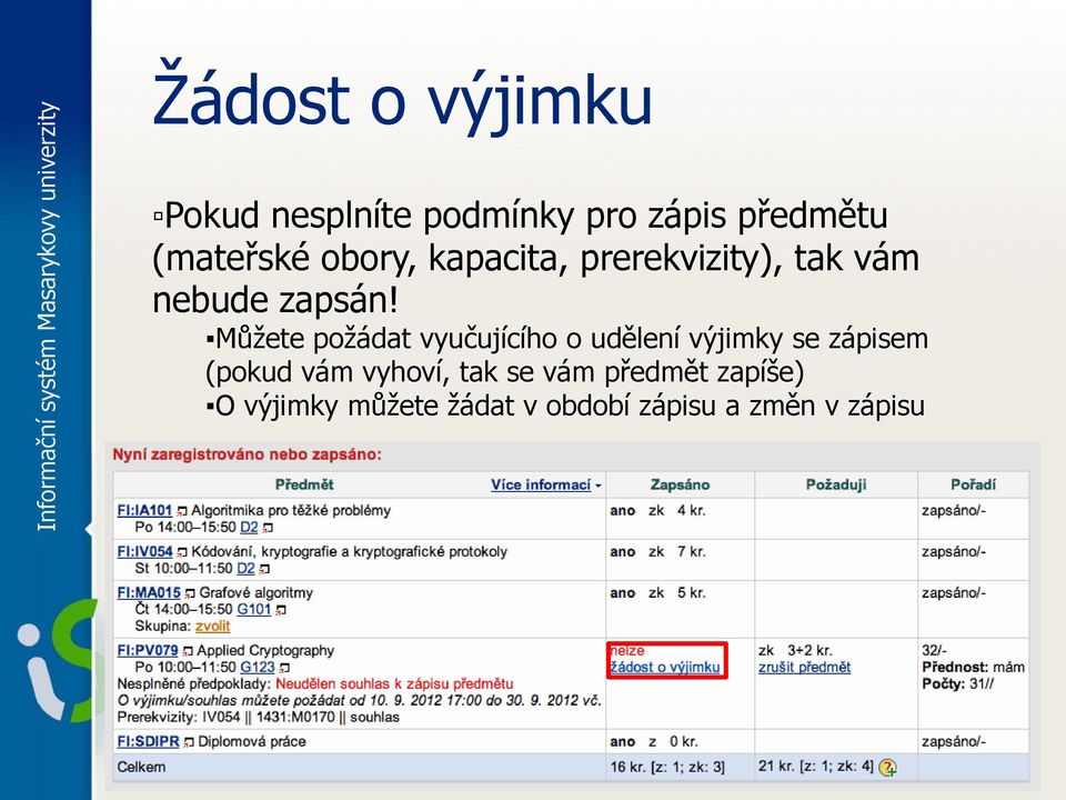 Můžete požádat vyučujícího o udělení výjimky se zápisem (pokud vám