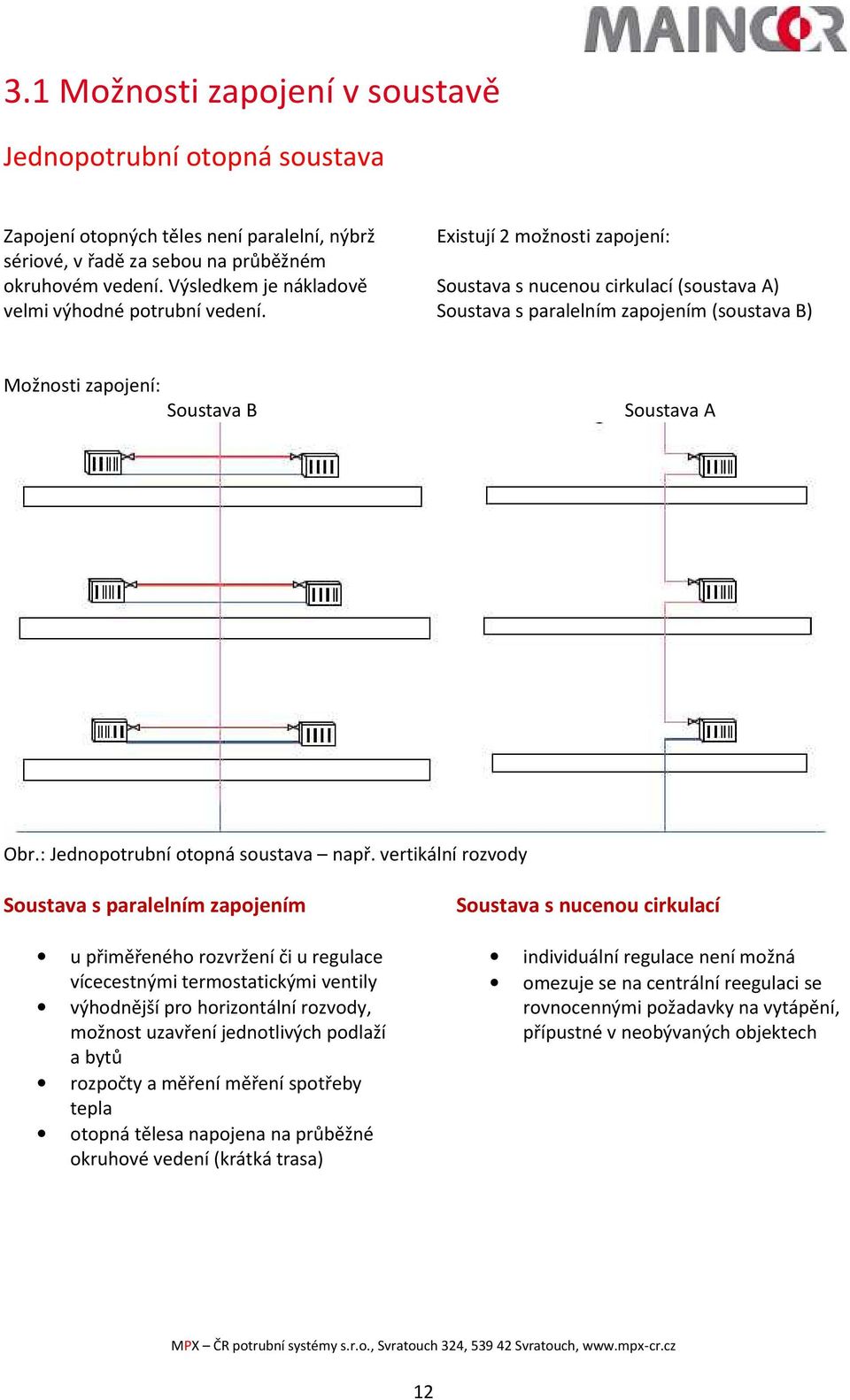 Existují 2 možnosti zapojení: Soustava s nucenou cirkulací (soustava A) Soustava s paralelním zapojením (soustava B) Možnosti zapojení: Soustava B Soustava A Obr.: Jednopotrubní otopná soustava např.