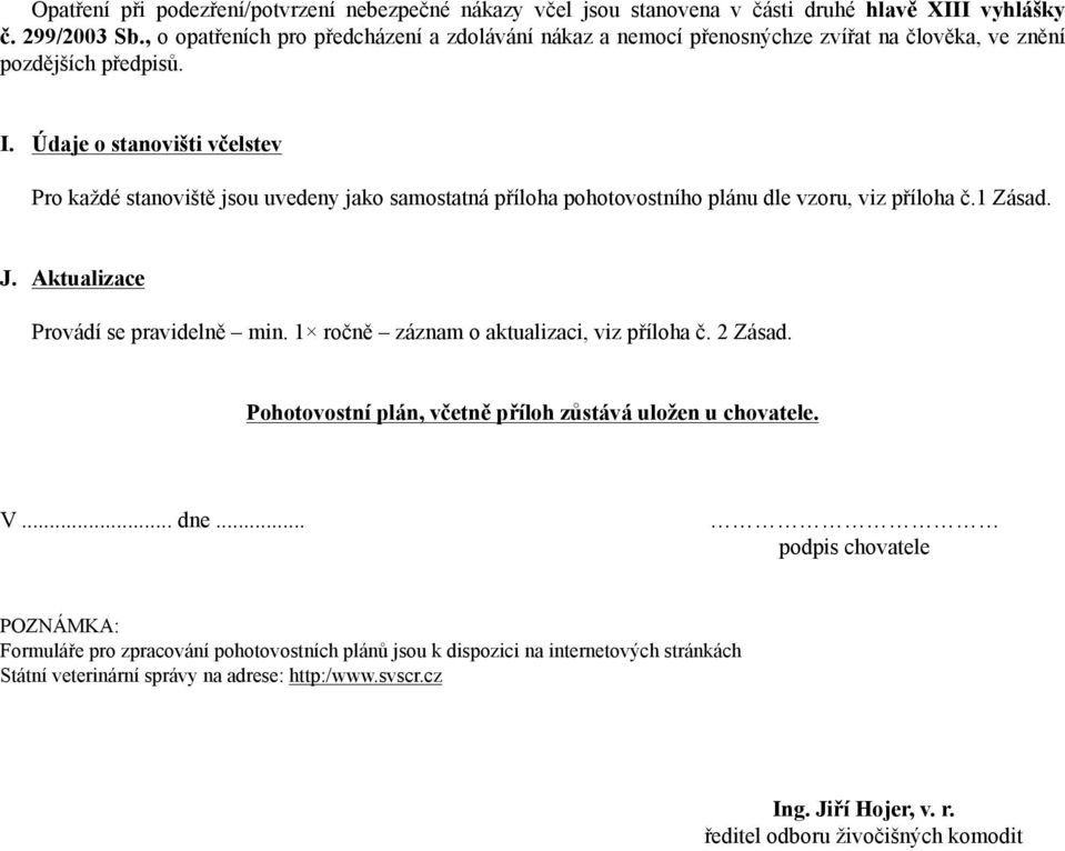 Údaje o stanovišti včelstev Pro každé stanoviště jsou uvedeny jako samostatná příloha pohotovostního plánu dle vzoru, viz příloha č.1 Zásad. J. Aktualizace Provádí se pravidelně min.