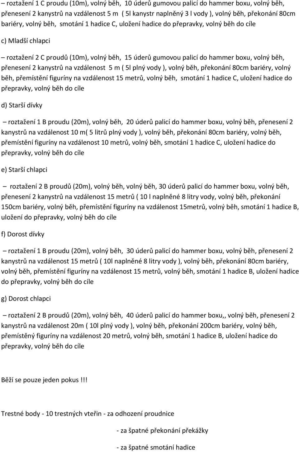 kanystrů na vzdálenost 5 m ( 5l plný vody ), volný běh, překonání 80cm bariéry, volný běh, přemístění figuríny na vzdálenost 15 metrů, volný běh, smotání 1 hadice C, uložení hadice do přepravky,