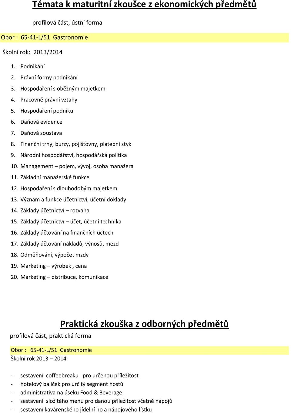 Národní hospodářství, hospodářská politika 10. Management pojem, vývoj, osoba manažera 11. Základní manažerské funkce 12. Hospodaření s dlouhodobým majetkem 13.