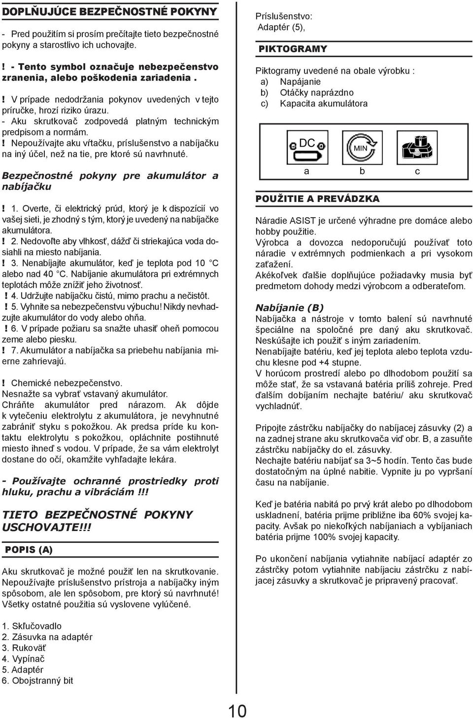 ! Nepoužívajte aku vŕtačku, príslušenstvo a nabíjačku na iný účel, než na tie, pre ktoré sú navrhnuté. Bezpečnostné pokyny pre akumulátor a nabíjačku! 1.