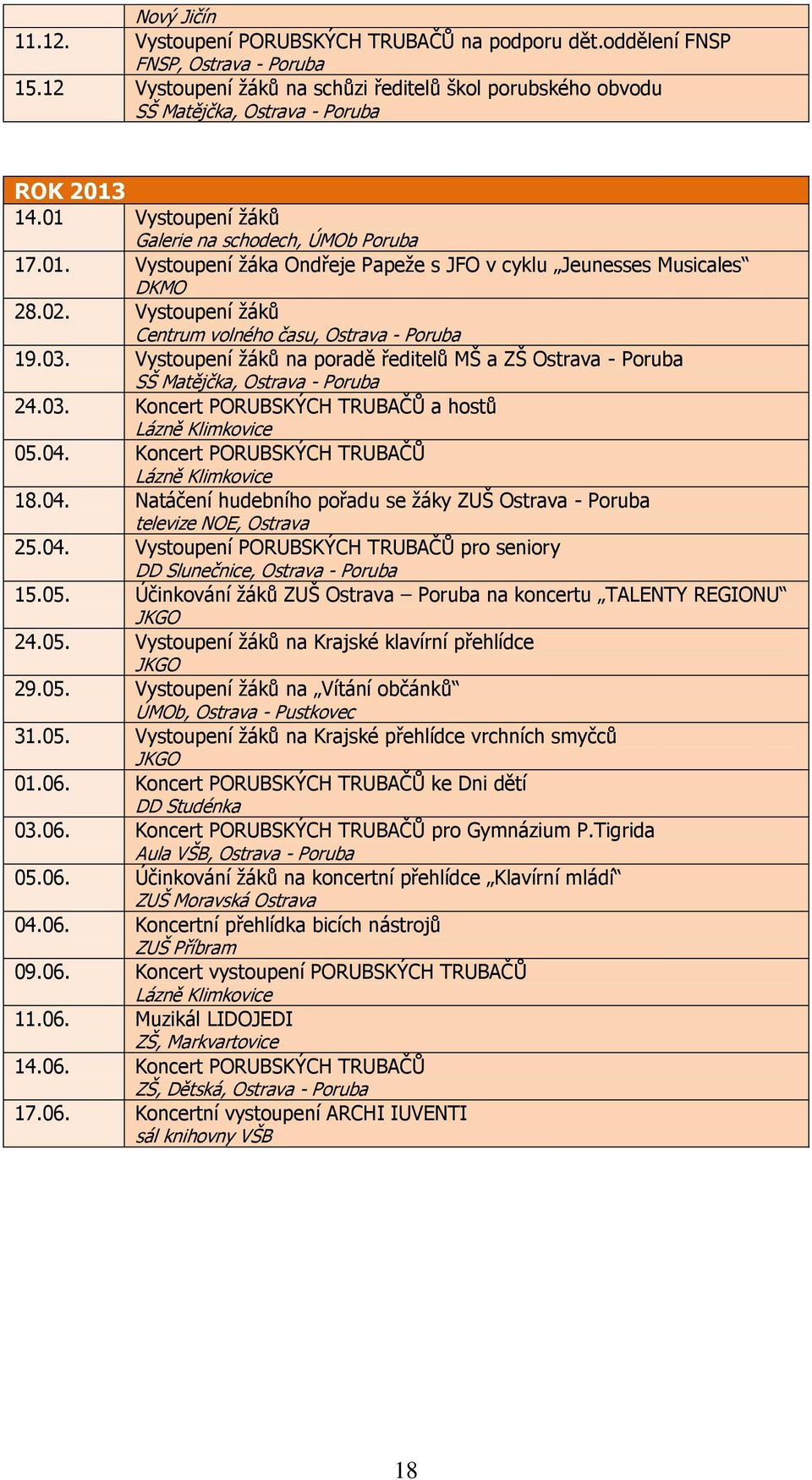 02. Vystoupení žáků Centrum volného času, Ostrava - Poruba 19.03. Vystoupení žáků na poradě ředitelů MŠ a ZŠ Ostrava - Poruba SŠ Matějčka, Ostrava - Poruba 24.03. Koncert PORUBSKÝCH TRUBAČŮ a hostů Lázně Klimkovice 05.