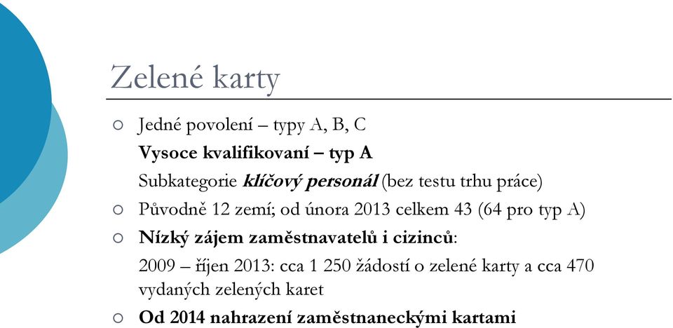 pro typ A) Nízký zájem zaměstnavatelů i cizinců: 2009 říjen 2013: cca 1 250 žádostí