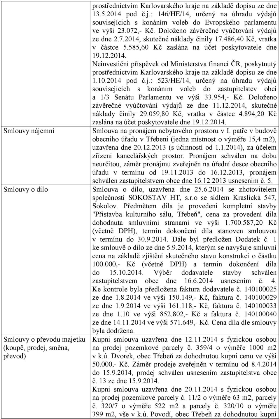10.2014 pod č.j.: 523/HE/14, určený na úhradu výdajů souvisejících s konáním voleb do zastupitelstev obcí a 1/3 Senátu Parlamentu ve výši 33.954,- Kč. Doloženo závěrečné vyúčtování výdajů ze dne 11.