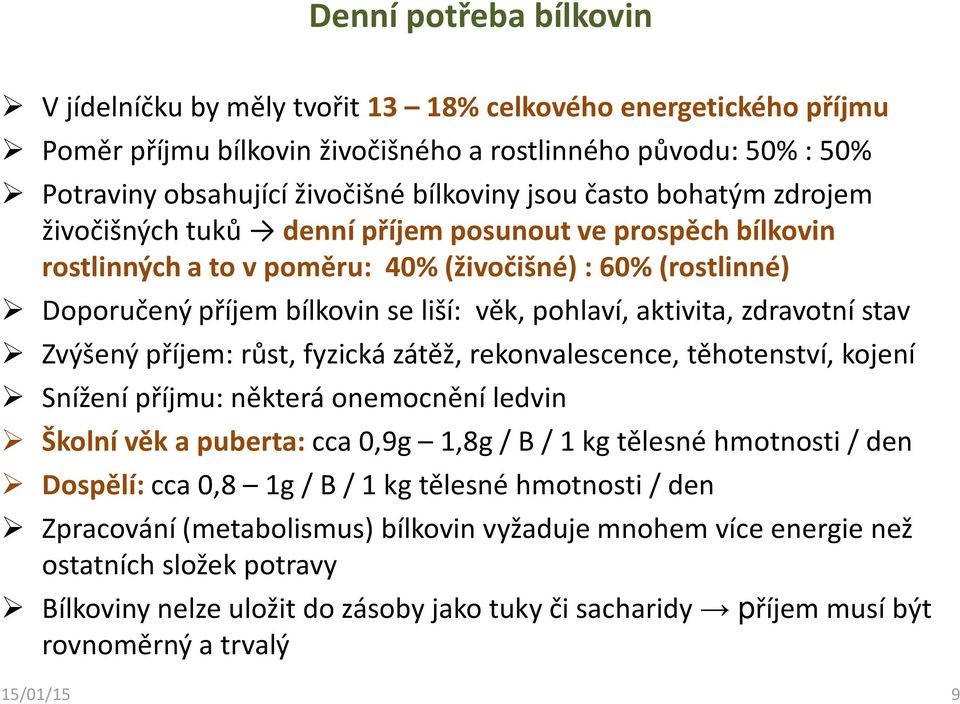 aktivita, zdravotní stav Zvýšený příjem: růst, fyzická zátěž, rekonvalescence, těhotenství, kojení Snížení příjmu: některá onemocnění ledvin Školní věk a puberta: cca 0,9g 1,8g / B / 1 kg tělesné