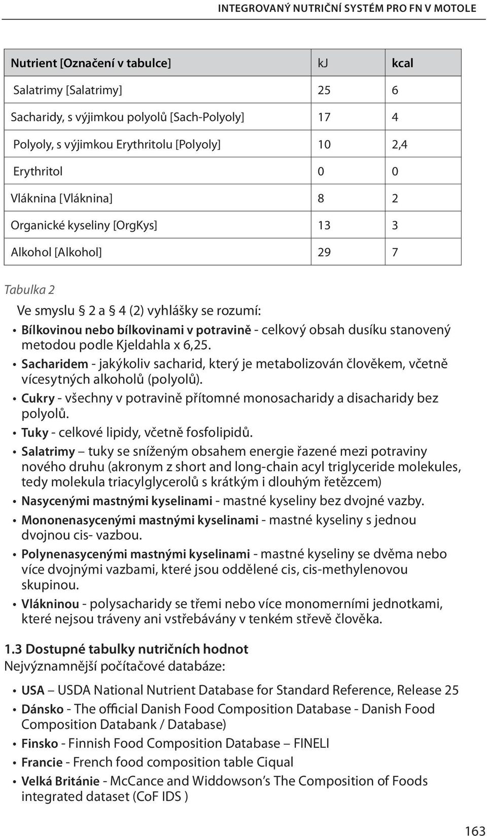 potravině - celkový obsah dusíku stanovený metodou podle Kjeldahla x 6,25. Sacharidem - jakýkoliv sacharid, který je metabolizován člověkem, včetně vícesytných alkoholů (polyolů).