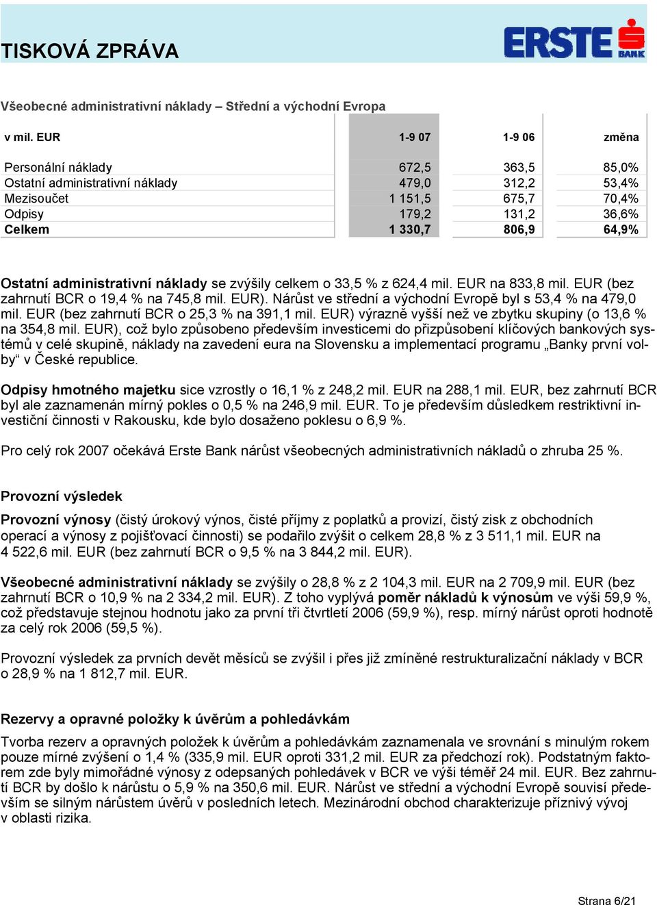 Ostatní administrativní náklady se zvýšily celkem o 33,5 % z 624,4 mil. EUR na 833,8 mil. EUR (bez zahrnutí BCR o 19,4 % na 745,8 mil. EUR).