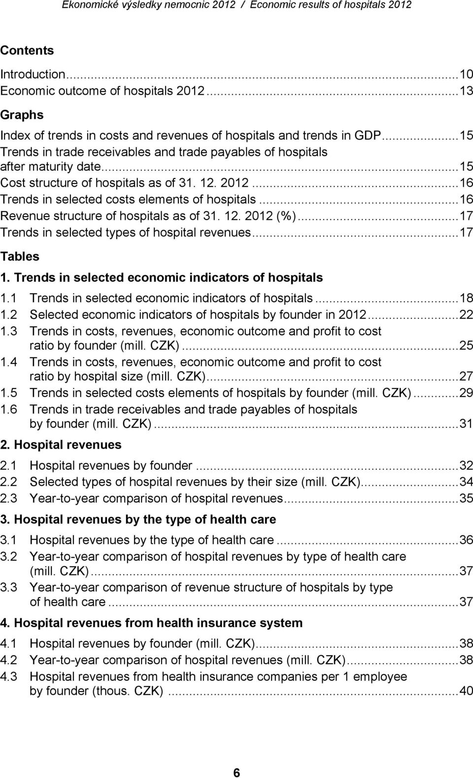 ..16 Revenue structure of hospitals as of 31. 12. 2012 (%)...17 Trends in selected types of hospital revenues...17 Tables 1. Trends in selected economic indicators of hospitals 1.