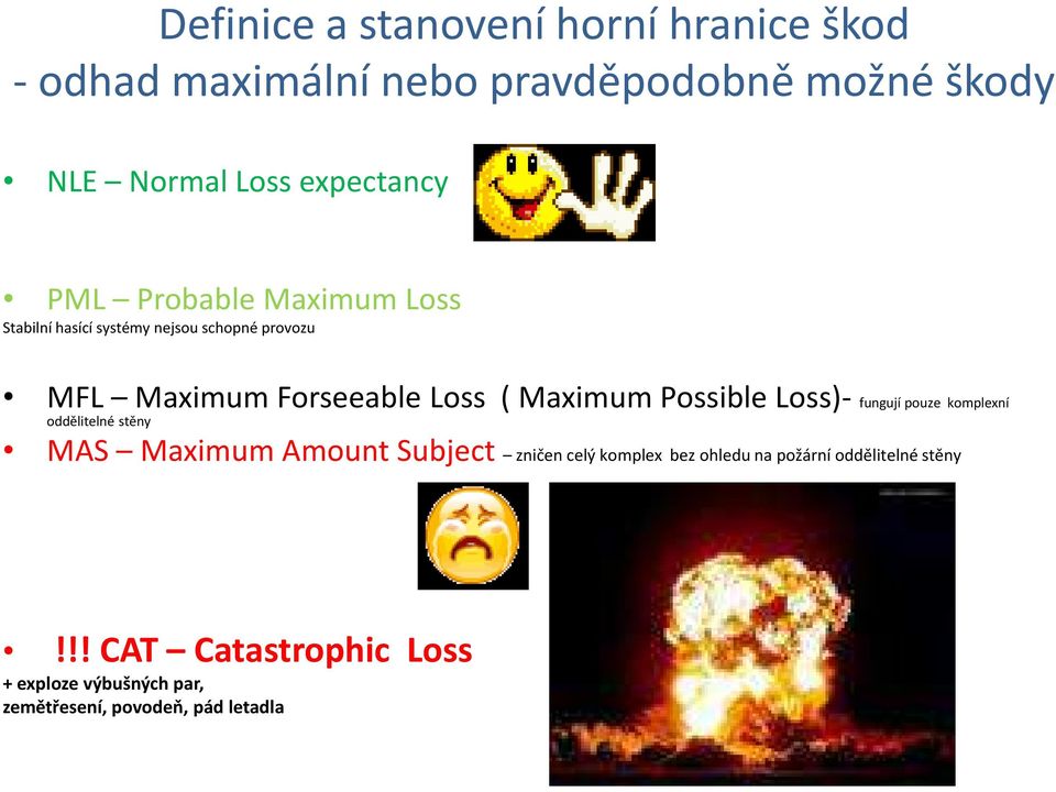 Maximum Possible Loss)- fungují pouze komplexní oddělitelné stěny MAS Maximum Amount Subject zničen celý komplex