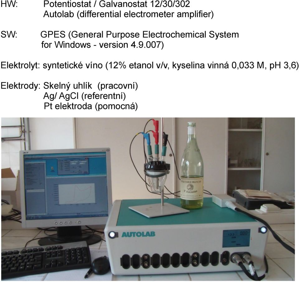 9.007) Elektrolyt: syntetické víno (12% etanol v/v, kyselina vinná 0,033 M, ph