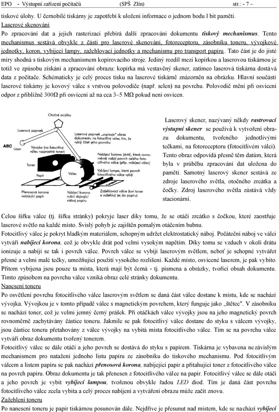 Tento mechanismus sestává obvykle z části pro lase rové skenování, fotoreceptoru, zásobníku toneru, vývojkové jednotky, koron, vybíjecí lampy, zažehlovací jednotky a mechanismu pro transport papíru.