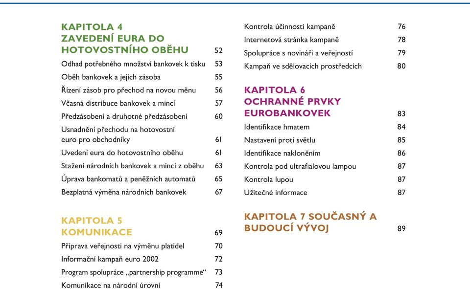 bankomatů a peněžních automatů 65 Bezplatná výměna národních bankovek 67 KAPITOLA 5 KOMUNIKACE 69 Příprava veřejnosti na výměnu platidel 70 Informační kampaň euro 2002 72 Program spolupráce