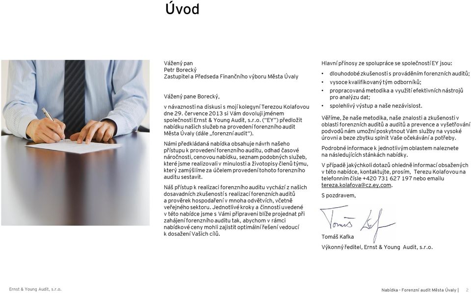 Námi předkládaná nabídka obsahuje návrh našeho přístupu k provedení forenzního auditu, odhad časové náročnosti, cenovou nabídku, seznam podobných služeb, které jsme realizovali v minulosti a