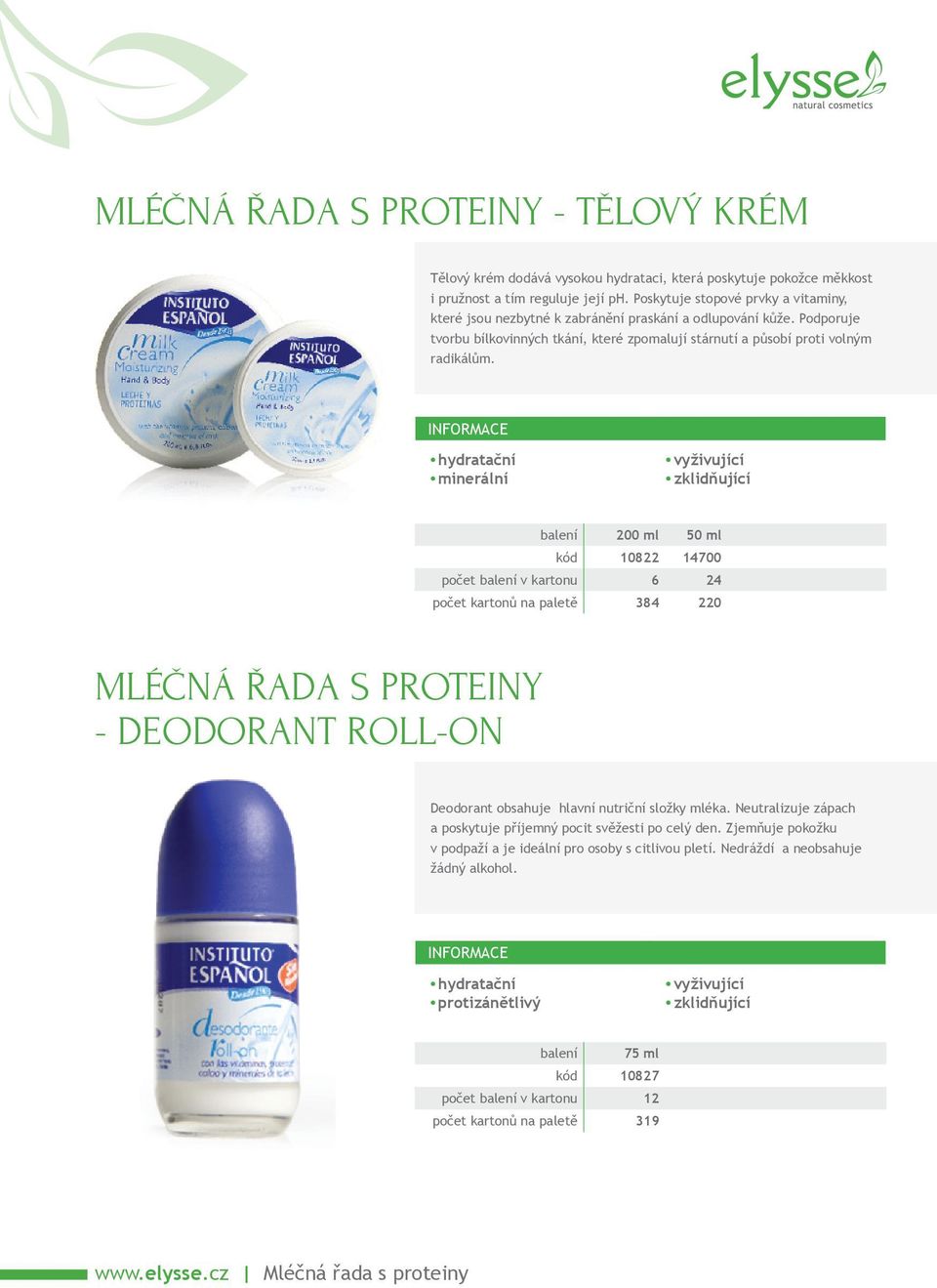 minerální balení 200 ml 50 ml kód 10822 14700 24 počet kartonů na paletě 384 220 MLÉČNÁ ŘADA S PROTEINY - DEODORANT ROLL-ON Deodorant obsahuje hlavní nutriční složky mléka.