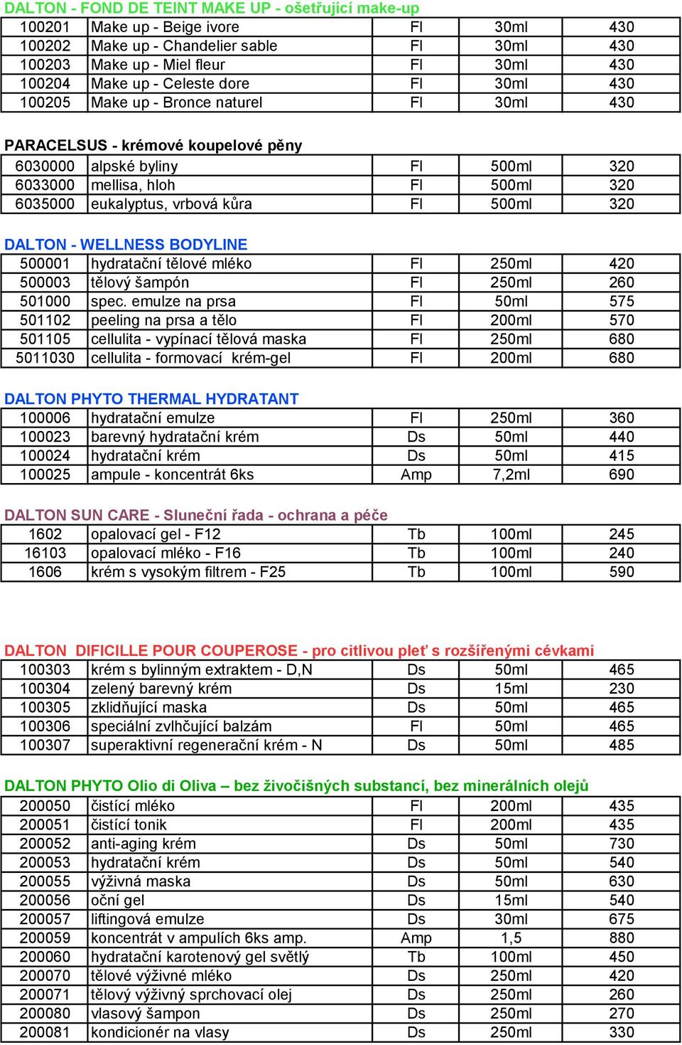 vrbová kůra Fl 500ml 320 DALTON - WELLNESS BODYLINE 500001 hydratační tělové mléko Fl 250ml 420 500003 tělový šampón Fl 250ml 260 501000 spec.