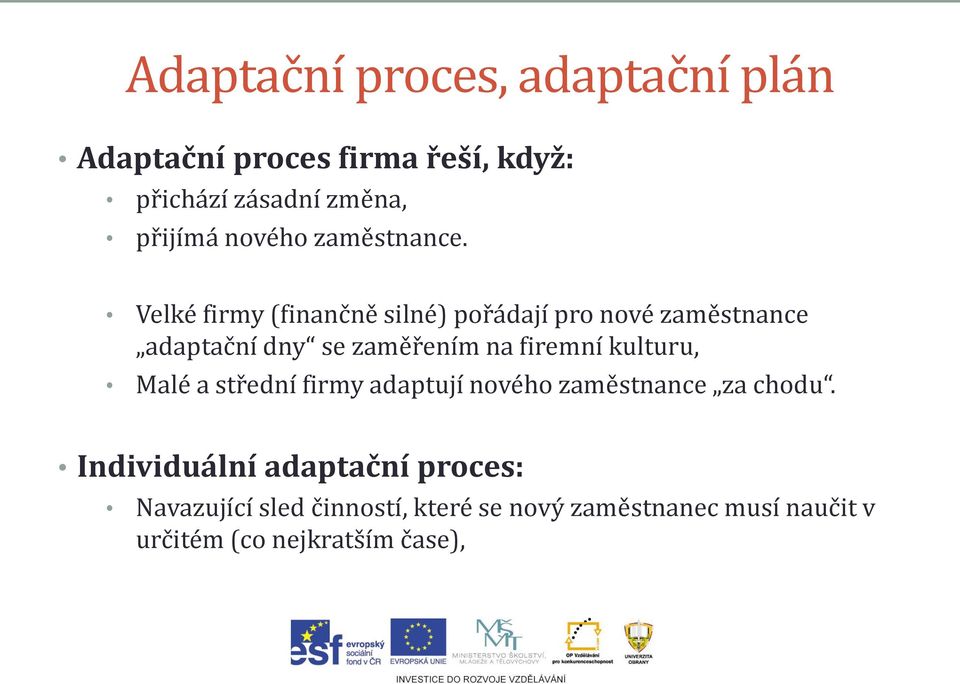 Velké firmy (finančně silné) pořádají pro nové zaměstnance adaptační dny se zaměřením na firemní