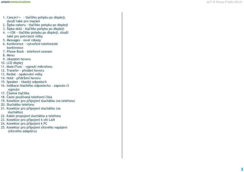 LCD displej 11. Mute/Func vypnutí mikrofonu 12. Transfer předání hovoru 13. Redial opakování volby 14. Hold přidržení hovoru 15. Speaker hlasitý odposlech 16.