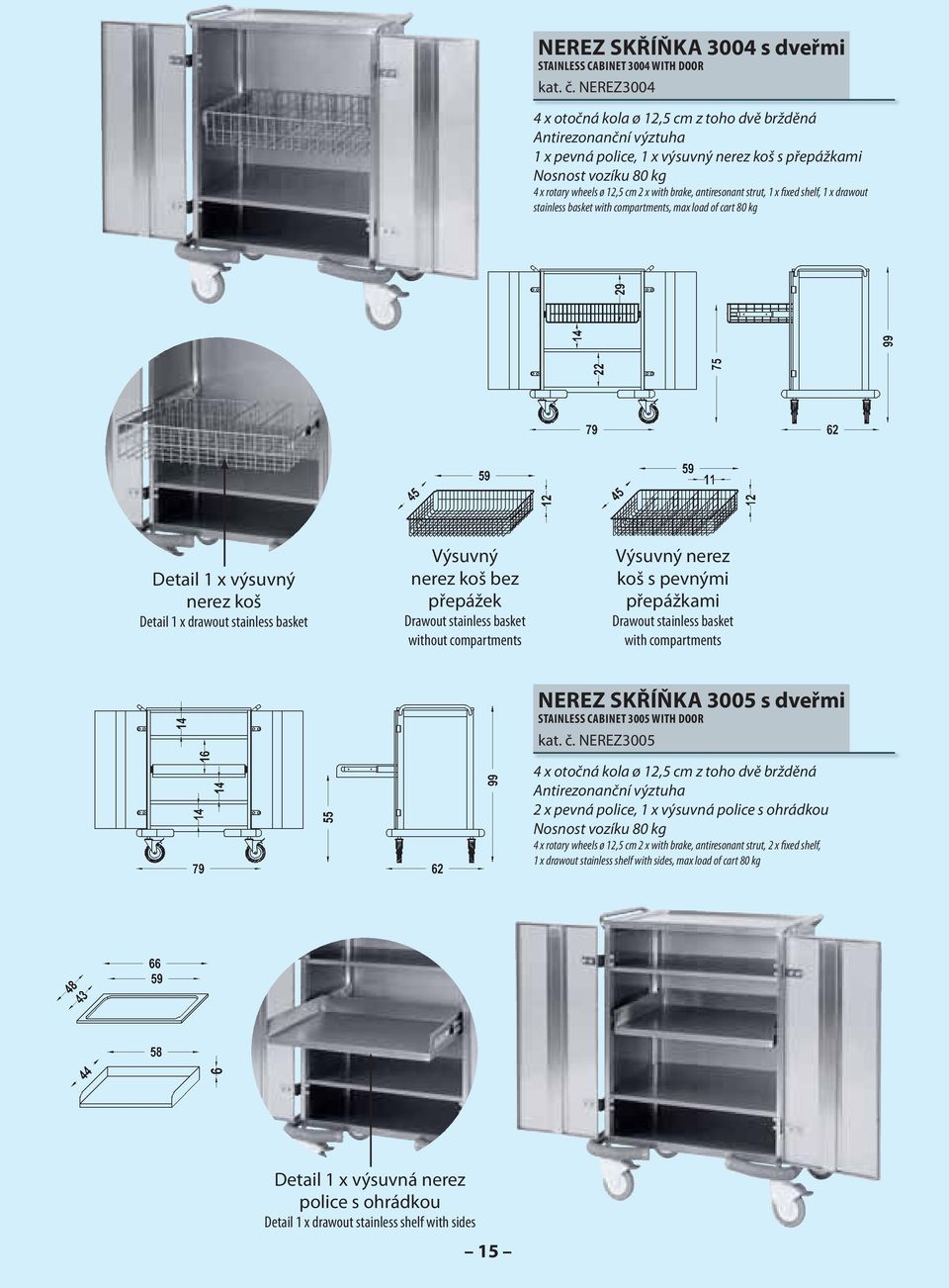 fixed shelf, 1 x drawout stainless basket with compartments, max load of cart 80 kg Detail 1 x výsuvný nerez koš Detail 1 x drawout stainless basket Výsuvný nerez koš bez přepážek Drawout stainless