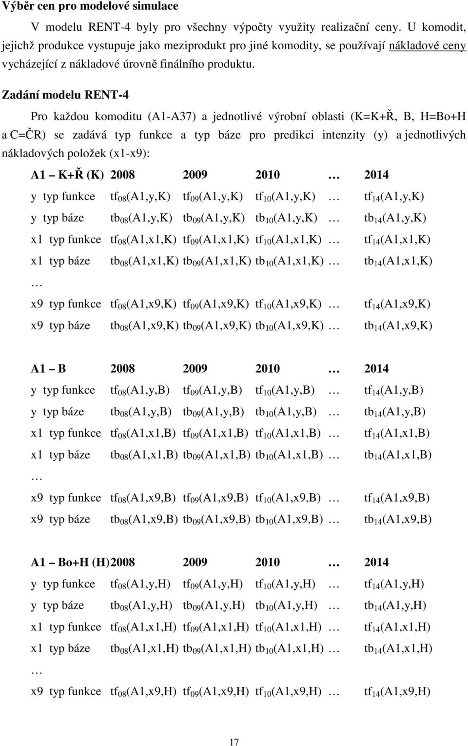 Zadání modelu RENT-4 Pro každou komoditu (A1-A37) a jednotlivé výrobní oblasti (K=,, H=o+H a C=ČR) se zadává typ funkce a typ báze pro predikci intenzity (y) a jednotlivých nákladových položek