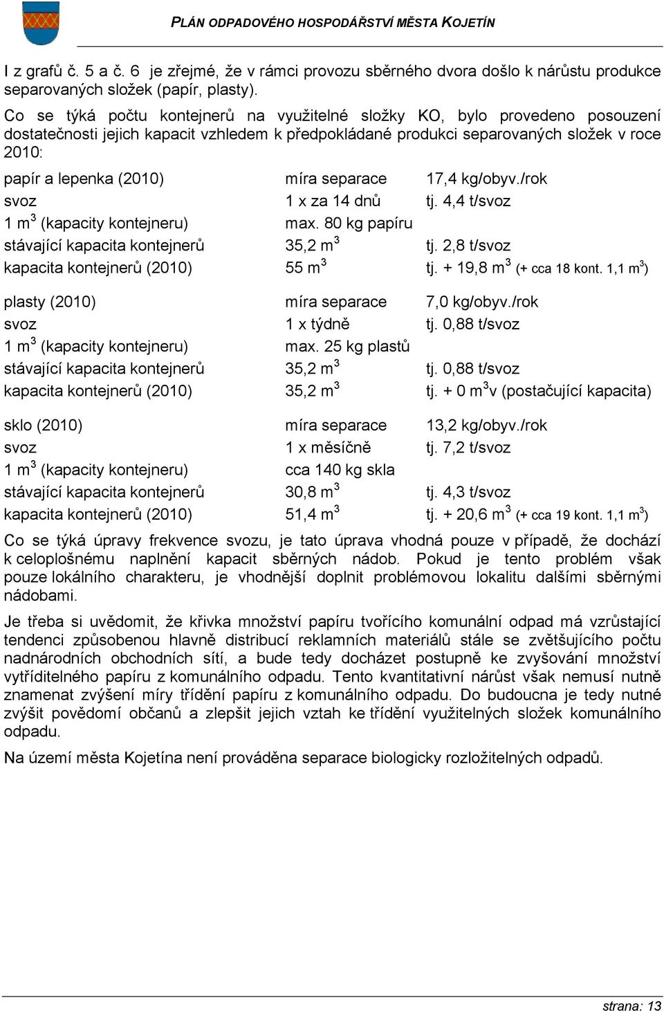 míra separace 17,4 kg/obyv./rok svoz 1 x za 14 dnů tj. 4,4 t/svoz 1 m 3 (kapacity kontejneru) max. 80 kg papíru stávající kapacita kontejnerů 35,2 m 3 tj.