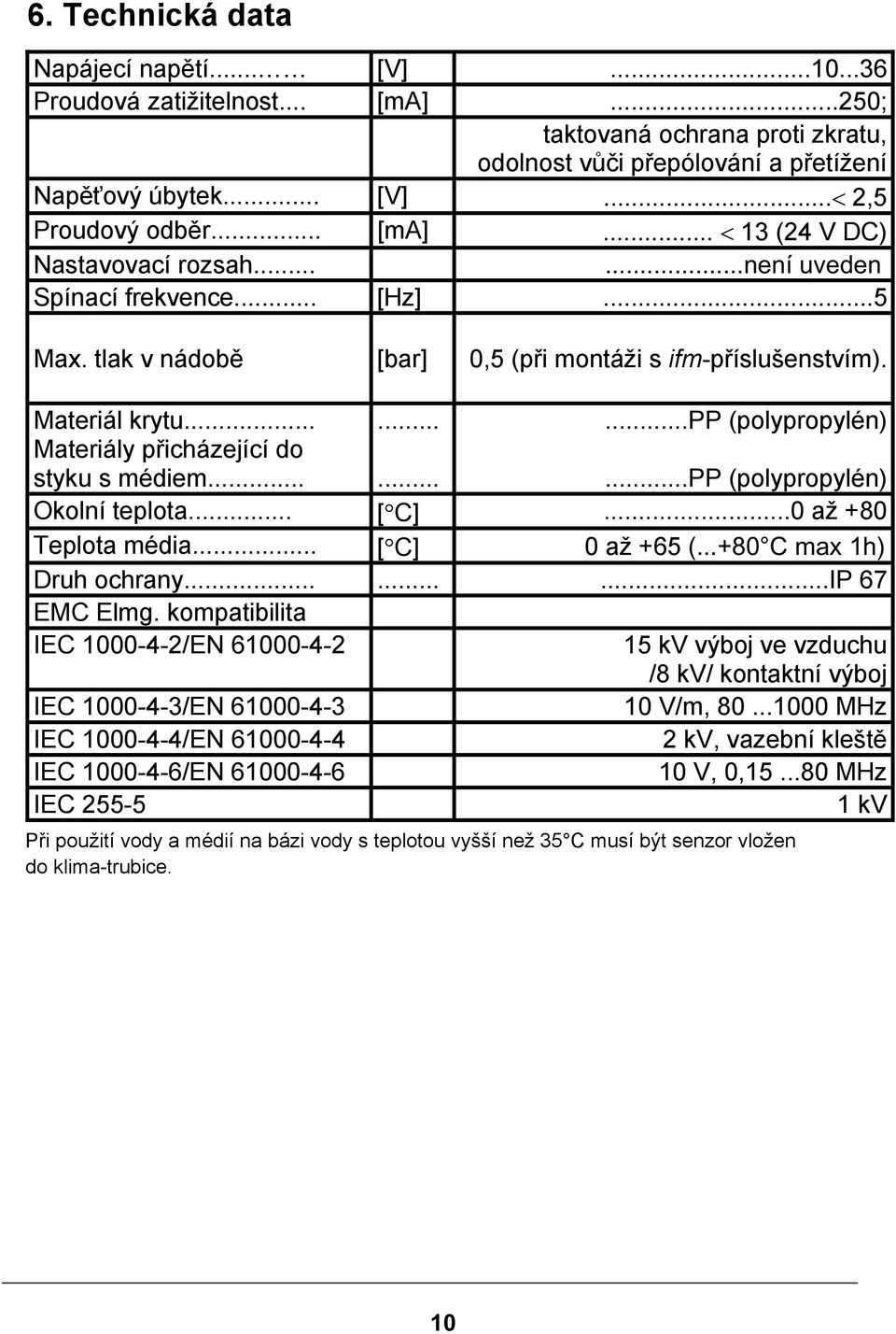 .. Materiály přicházející do styku s médiem.........pp (polypropylén)......pp (polypropylén) Okolní teplota... [ C]...0 až +80 Teplota média... [ C] 0 až +65 (...+80 C max 1h) Druh ochrany.